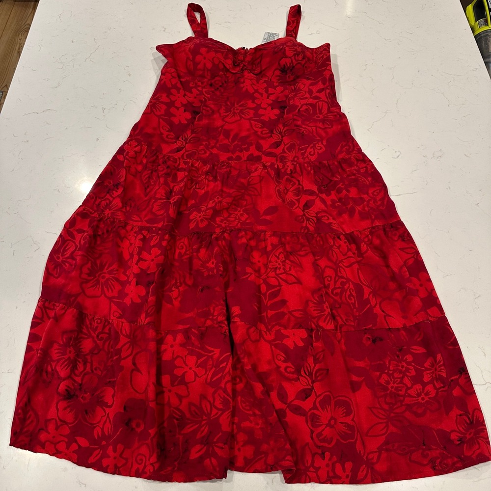 R&K Originals Red Floral Tiered Midi Dress Smocked Back Sweetheart Neck 12